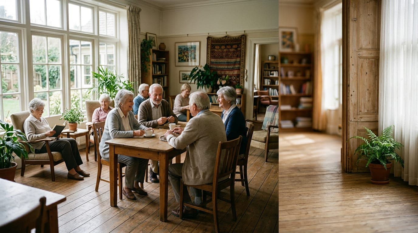 A bright interior space with older adults in a comfortable, well-lit environment with natural wood furnishings and large windows.